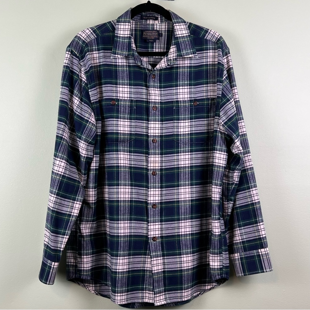 Pendleton Large Hawthorne Blue Green Tartan Plaid Flannel Shirt Elbows Patches